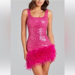 Nadine Merabi Pink Sequin Mini w/Feathers